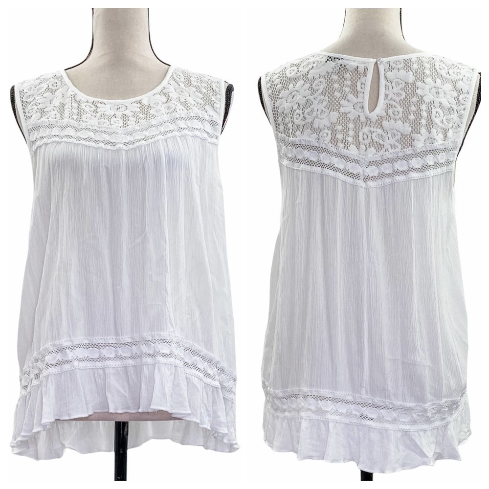 SPEED Limit MPH White Sheer Lace Yoke Sleeveless Crochet Blouse
